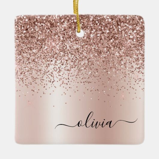 Roos Gold - Blush Pink Glitter Metal Monogram Naam Keramisch Ornament (Voorkant)