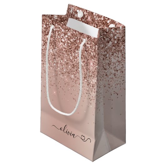 Roos Gold - Blush Pink Glitter Metal Monogram Naam Klein Cadeauzakje (Voorkant Gekanteld)