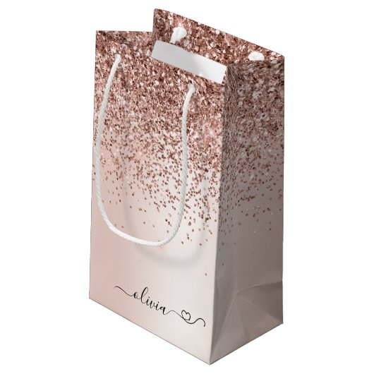 Roos Gold - Blush Pink Glitter Metal Monogram Naam Klein Cadeauzakje (Achterkant Gekanteld)