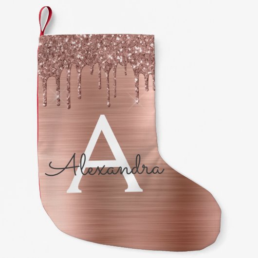 Roos Gold - Blush Pink Glitter Metal Monogram Naam Kleine Kerstsok (Voorkant)