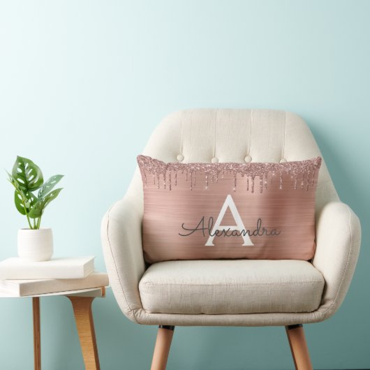 Roos Gold - Blush Pink Glitter Metal Monogram Naam Kussen (Stoel)