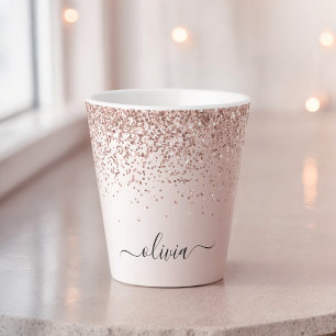 Roos Gold - Blush Pink Glitter Metal Monogram Naam Latte Mok