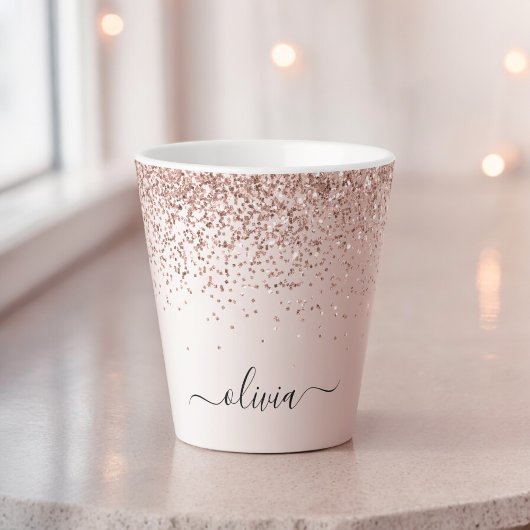 Roos Gold - Blush Pink Glitter Metal Monogram Naam Latte Mok