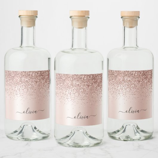 Roos Gold - Blush Pink Glitter Metal Monogram Naam Likeurfles Etiket (Flessen)