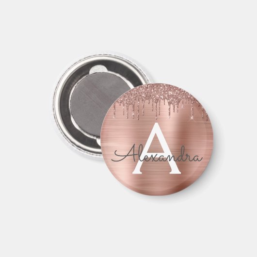 Roos Gold - Blush Pink Glitter Metal Monogram Naam Magneet (Voorkant / Achterkant)