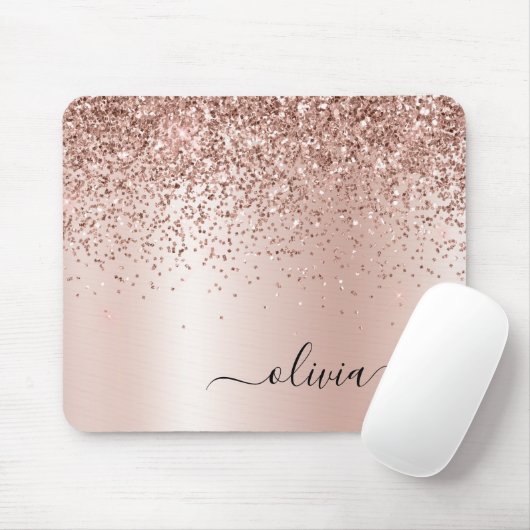 Roos Gold - Blush Pink Glitter Metal Monogram Naam Muismat (Met muis)