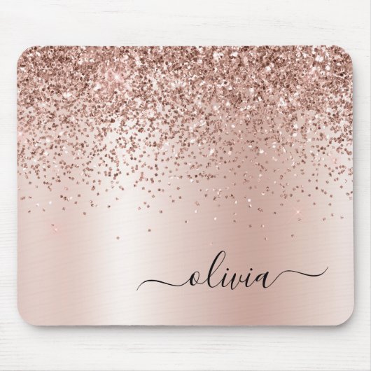 Roos Gold - Blush Pink Glitter Metal Monogram Naam Muismat (Voorkant)