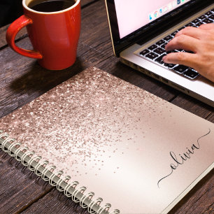 Roos Gold - Blush Pink Glitter Metal Monogram Naam Notitieboek