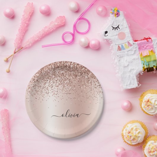 Roos Gold - Blush Pink Glitter Metal Monogram Naam Papieren Bordje (Feest)