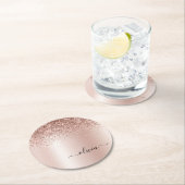 Roos Gold - Blush Pink Glitter Metal Monogram Naam Ronde Kartonnen Onderzetter (Insitu)