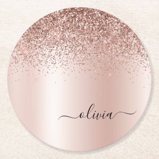 Roos Gold - Blush Pink Glitter Metal Monogram Naam Ronde Kartonnen Onderzetter (Voorkant)