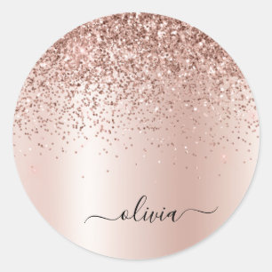 Roos Gold - Blush Pink Glitter Metal Monogram Naam Ronde Sticker
