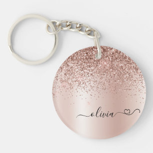 Roos Gold - Blush Pink Glitter Metal Monogram Naam Sleutelhanger