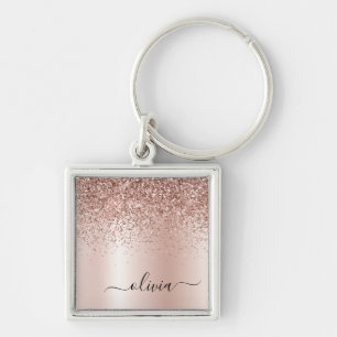 Roos Gold - Blush Pink Glitter Metal Monogram Naam Sleutelhanger