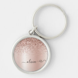 Roos Gold - Blush Pink Glitter Metal Monogram Naam Sleutelhanger