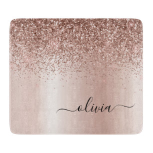 Roos Gold - Blush Pink Glitter Metal Monogram Naam Snijplank