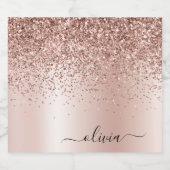 Roos Gold - Blush Pink Glitter Metal Monogram Naam Sparkling Wijnetiket (Enkel label)