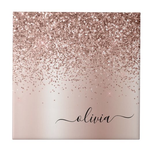 Roos Gold - Blush Pink Glitter Metal Monogram Naam Tegeltje (Voorkant)