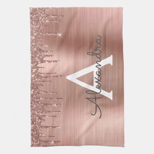 Roos Gold - Blush Pink Glitter Metal Monogram Naam Theedoek (Verticaal)