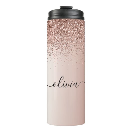 Roos Gold - Blush Pink Glitter Metal Monogram Naam Thermosbeker (Voorkant)