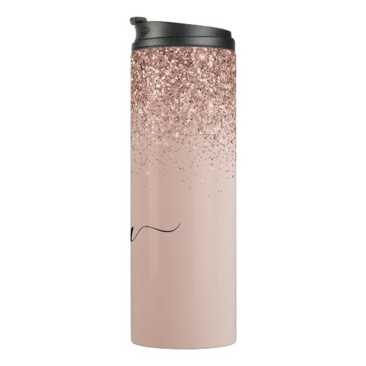 Roos Gold - Blush Pink Glitter Metal Monogram Naam Thermosbeker (Geroteerd rechts)