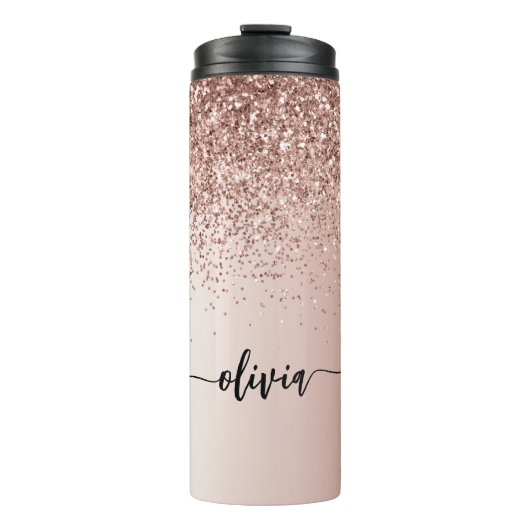 Roos Gold - Blush Pink Glitter Metal Monogram Naam Thermosbeker (Voorkant)