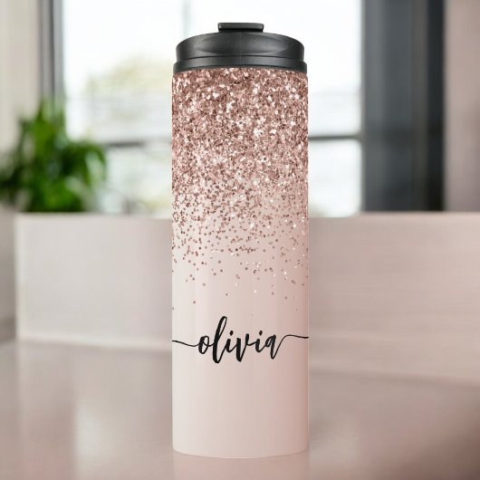 Roos Gold - Blush Pink Glitter Metal Monogram Naam Thermosbeker