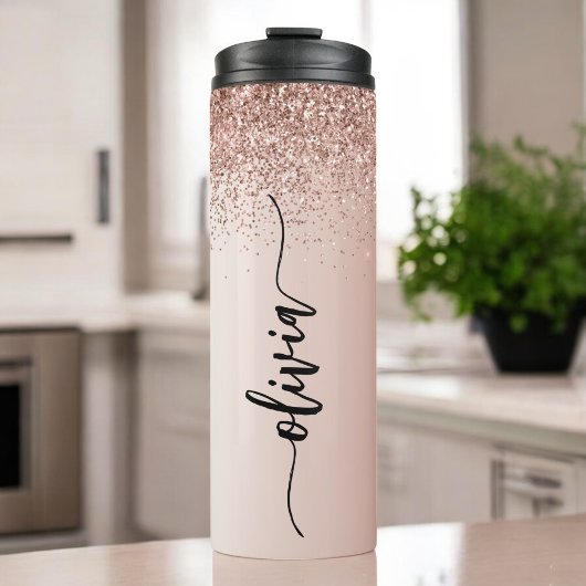 Roos Gold - Blush Pink Glitter Metal Monogram Naam Thermosbeker