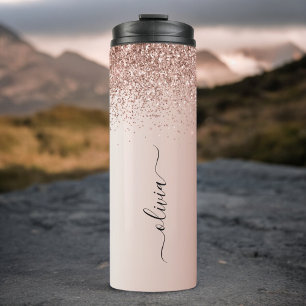 Roos Gold - Blush Pink Glitter Metal Monogram Naam Thermosbeker