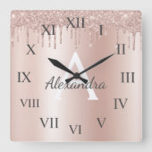 Roos Gold - Blush Pink Glitter Metal Monogram Naam Vierkante Klok (Voorkant)