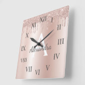 Roos Gold - Blush Pink Glitter Metal Monogram Naam Vierkante Klok (Hoek)