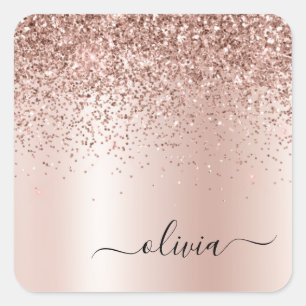 Roos Gold - Blush Pink Glitter Metal Monogram Naam Vierkante Sticker