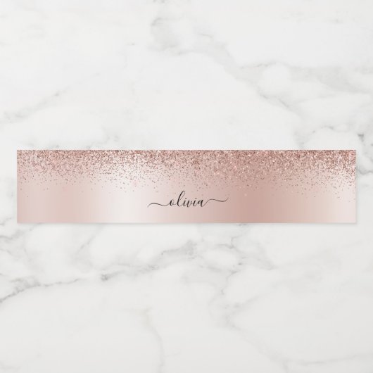 Roos Gold - Blush Pink Glitter Metal Monogram Naam Waterfles Etiket (Enkel label)