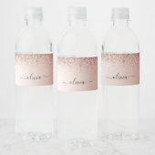 Roos Gold - Blush Pink Glitter Metal Monogram Naam Waterfles Etiket (Flessen)