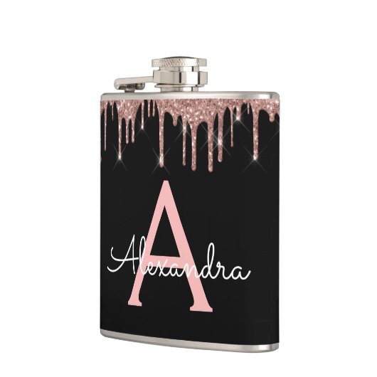 Roos Gold - Blush Pink Glitter Monogram Naam Heupfles (Links)