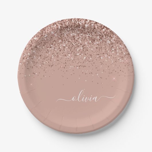 Roos Gold - Blush Pink Glitter Monogram Naam Papieren Bordje (Voorkant)