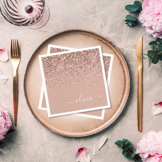 Roos Gold - Blush Pink Glitter Monogram Naam Servet