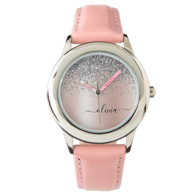 Roos Gold - Blush Pink Glitter Silver Monogram Horloge (Voorkant)