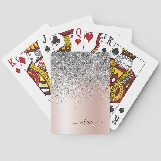 Roos Gold - Blush Pink Glitter Silver Monogram Pokerkaarten (Achterkant)