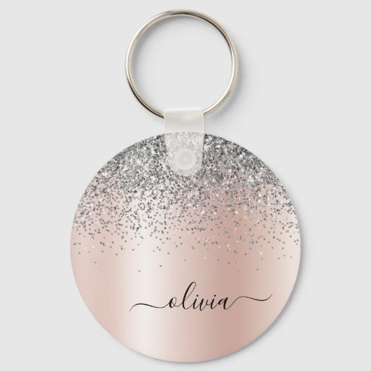 Roos Gold - Blush Pink Glitter Silver Monogram Sleutelhanger (Voorkant)