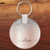 Roos Gold - Blush Pink Glitter Silver Monogram Sleutelhanger (Voorkant)