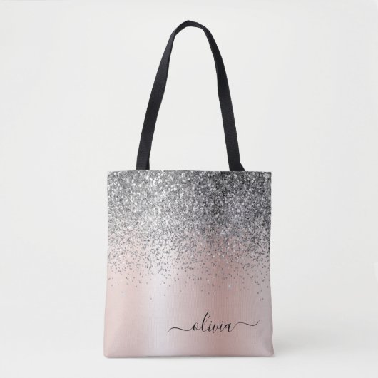 Roos Gold - Blush Pink Glitter Silver Monogram Tote Bag (Voorkant)
