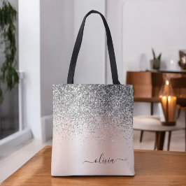 Roos Gold - Blush Pink Glitter Silver Monogram Tote Bag
