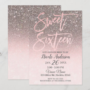 Roos Gold Blush Pink Glitter Sparkle Glam Sweet 16 Kaart