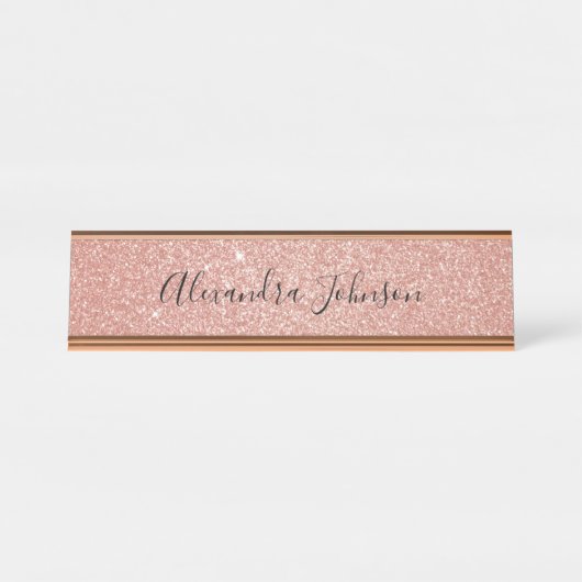 Roos Gold Blush Pink Glitter Sparkle Modern Bureau Naambordje (Voorkant)