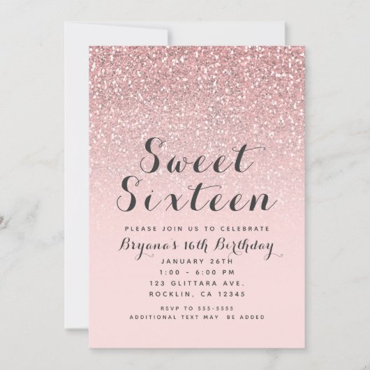 Roos Gold Blush Pink Glitter Sweet 16 Party Kaart (Voorkant)