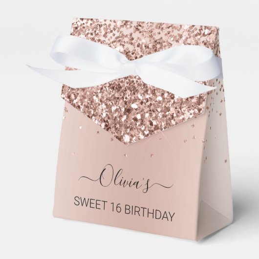 Roos Gold - Blush Pink Glitter Sweet 16 Verjaardag Bedankdoosjes (Voorkant Zijde)