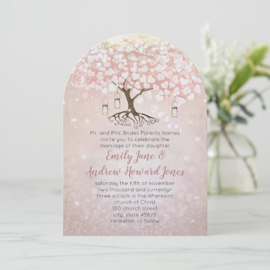 Roos Gold Blush Pink Heart Tree Weddenschap Kaart (Staand voorkant)