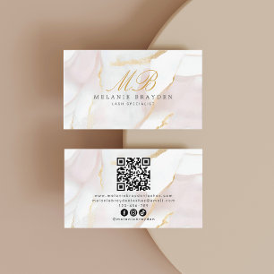 Roos Gold Blush Pink Marble Monogram QR-code Visitekaartje