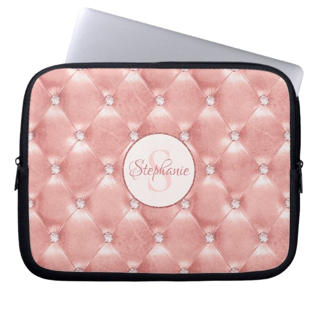 Roos Gold Blush Pink Padded Rhinestone Laptop Sleeve (Voorkant)